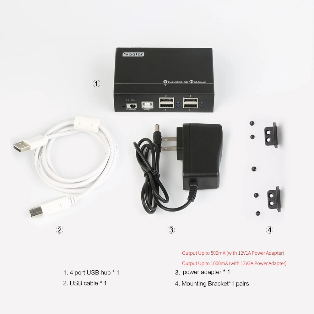 Sipolar 12 W Powered 4 Ports USB2.0/USB3.0 Metall Hub mit 12 V 1 A/12 V 2 A Netzteil LED-Anzeige Montagehalterung für PC Laptop
