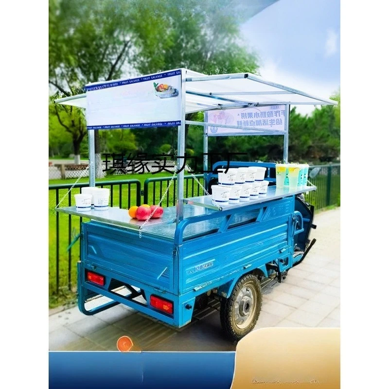 

Tricycle stall shelves sell breakfast skewers, pancakes, fruits, night market electric snack truck display stands