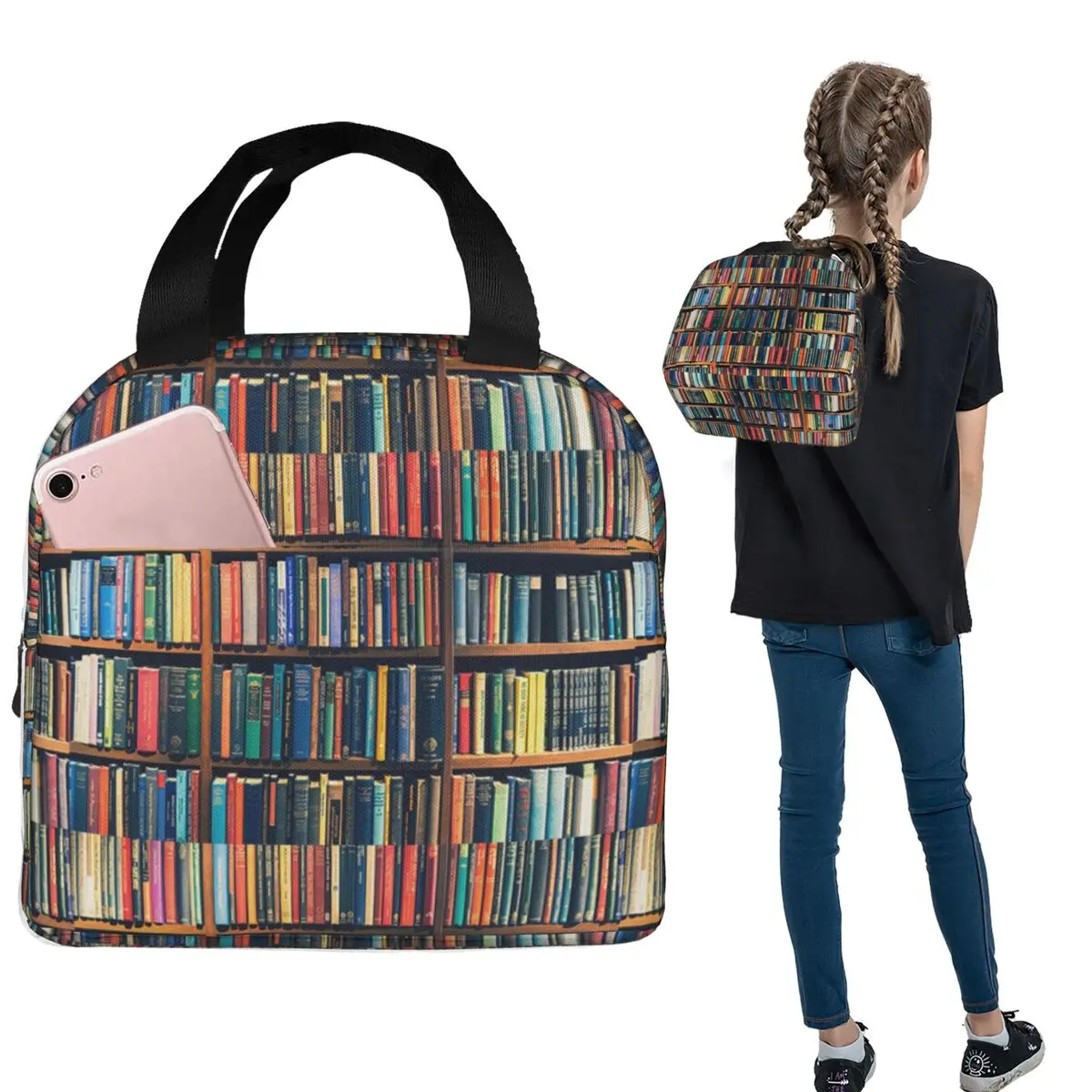 Education Library Book Insulated Lunch Bag for Women Children Portable Food Boxes Thermal Lunch Box Tote