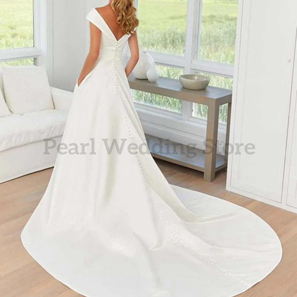 Elegant White Wedding Dress of Satin Off the Shoulder and With Pocket Floor Length Simple High-End Marriage Bridal Gowns