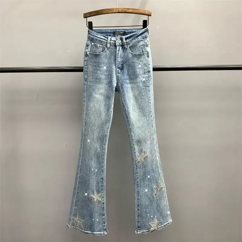 Summer New Women High Waist Elastic Jeans Pentagram Embroidered Rhinestone Washed Slim Denim Pants Hip-hop Pantalones Y2k
