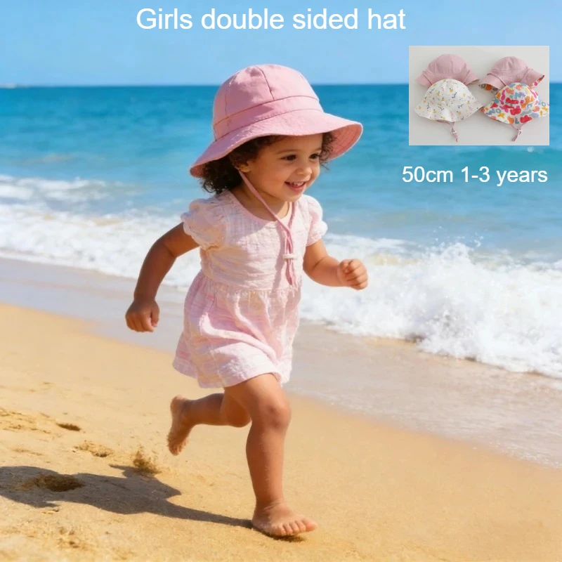 

Летняя панама для девочек 50 см, 1-3 года, хлопковая дышащая уличная шляпа-ведро для малышей, двусторонняя, для девочек