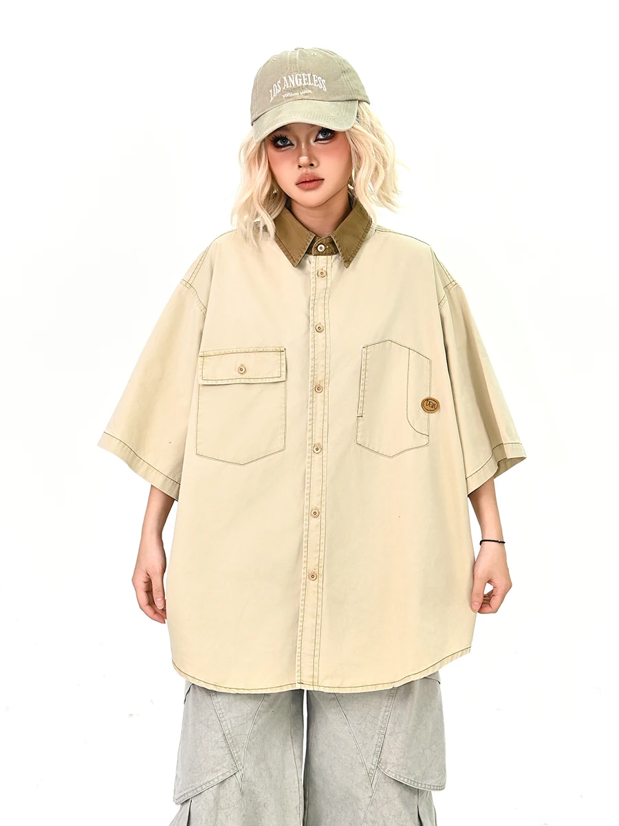

Lazy Large ket Workwear ort Sve irt Women's Loose Bf Korean Sle Street Couple Tops Summer New Arrival Casual irt