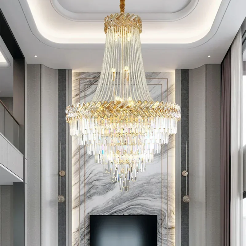 

Luxury loft chandelier lighting modern living room crystal lamp large staircase hanging light fixture gold home decor chain lamp