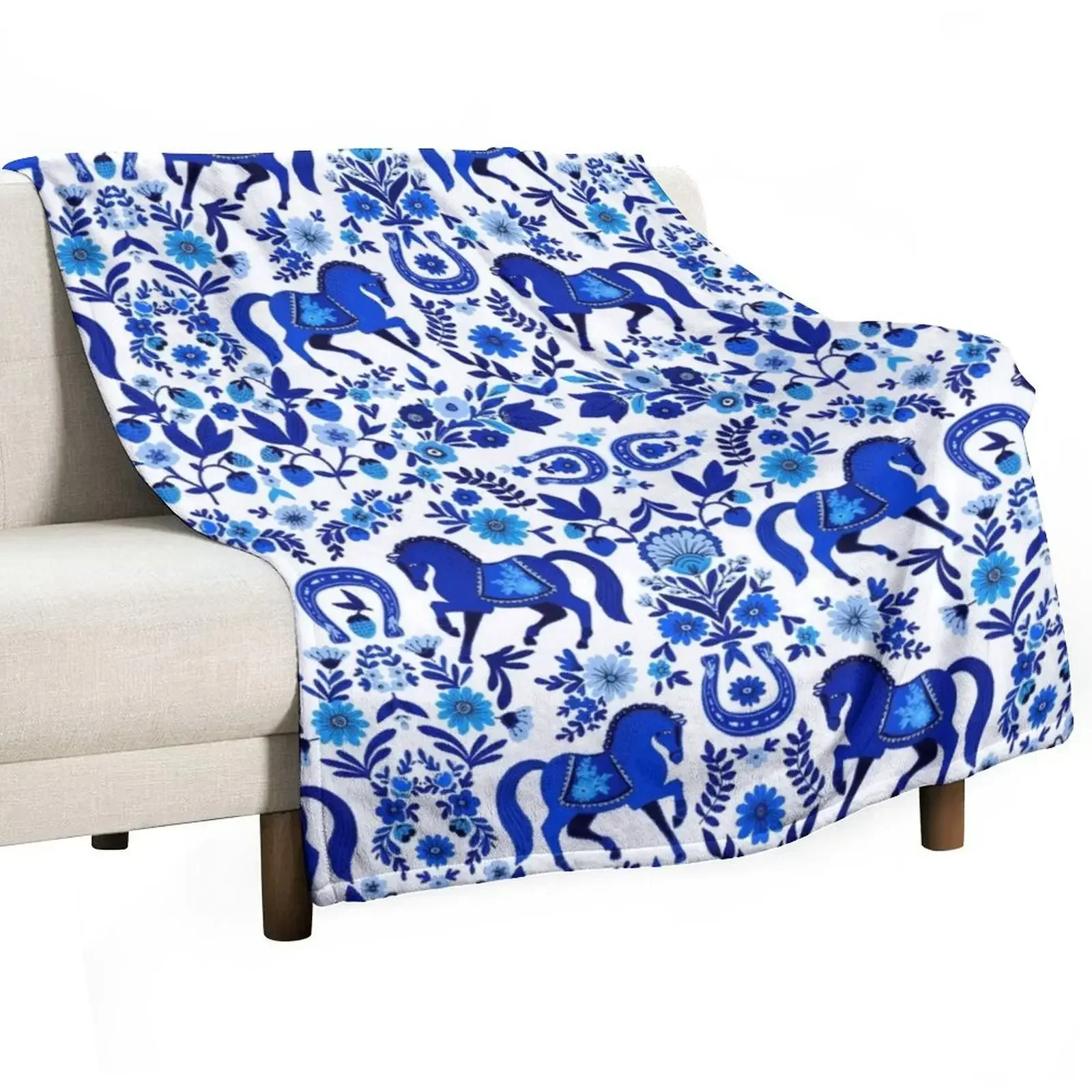 RETRO BLUE HORSE PATTERN Throw Blanket Retros Hair Blankets