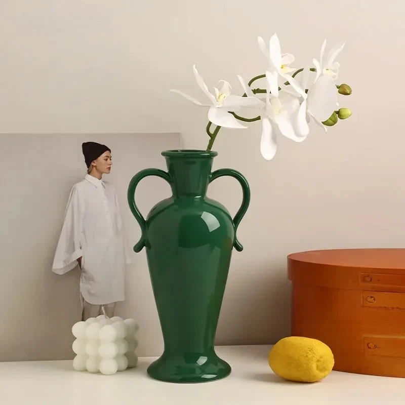 Jingdezhen-jarrón de cerámica Binaural, muebles sencillos y suaves para el hogar, adorno para porche, TV, mueble, arreglo floral