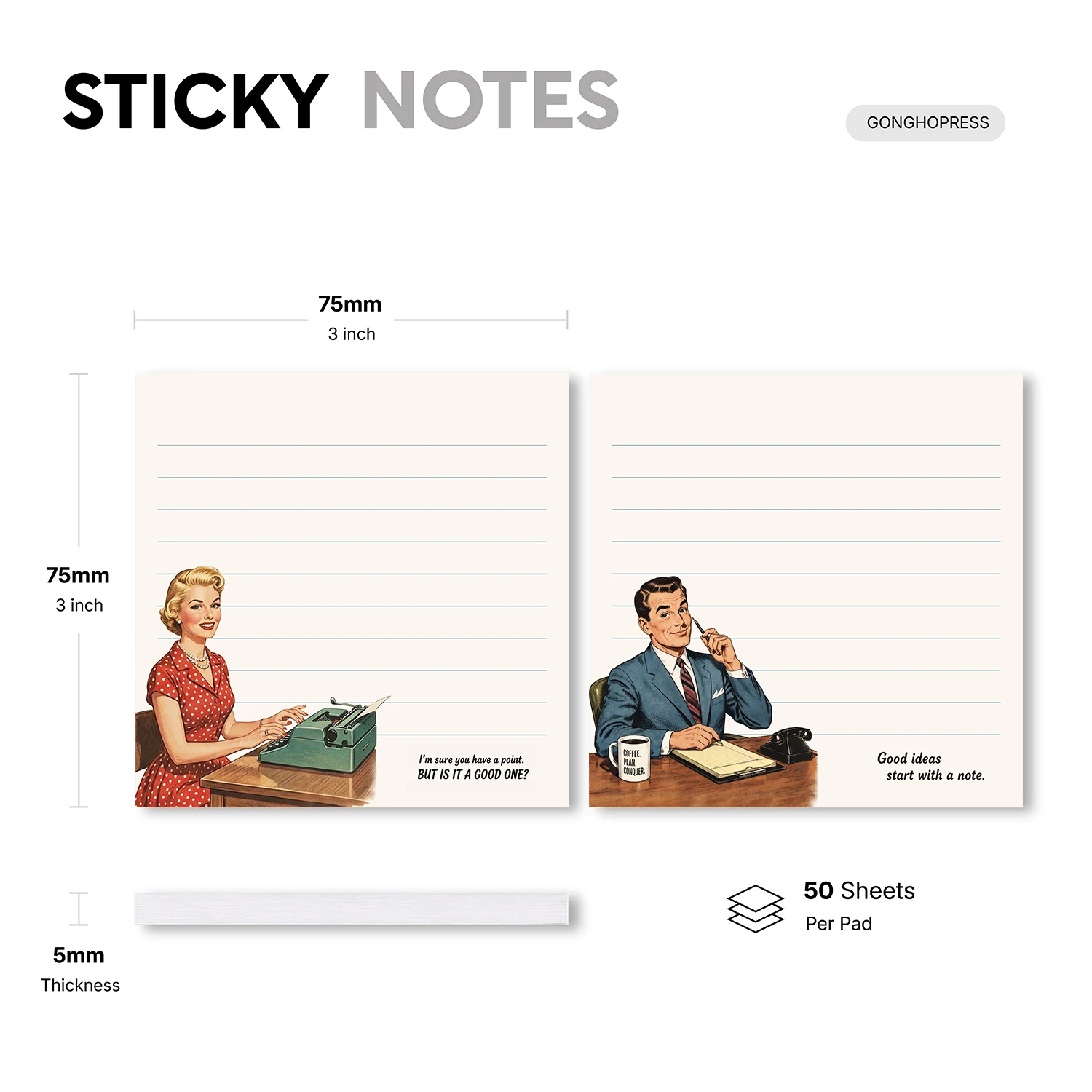 2 pcs Vintage Sticky Notes, 100 Sheets Total, Lined Self-Stick Memo Pads, Retro Office Design, Removable Adhesive Note Pads