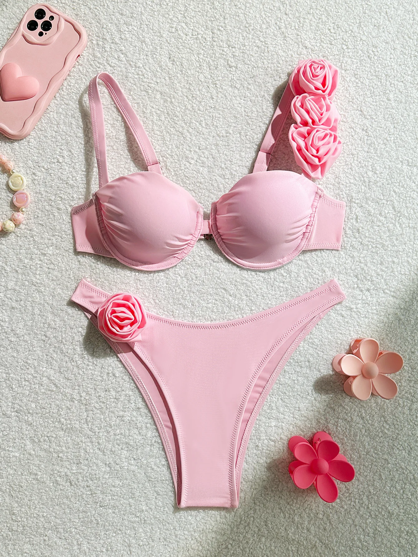 New European and American Sexy Solid Color Flowers Steel Support Gathering Women's Ins Bikini