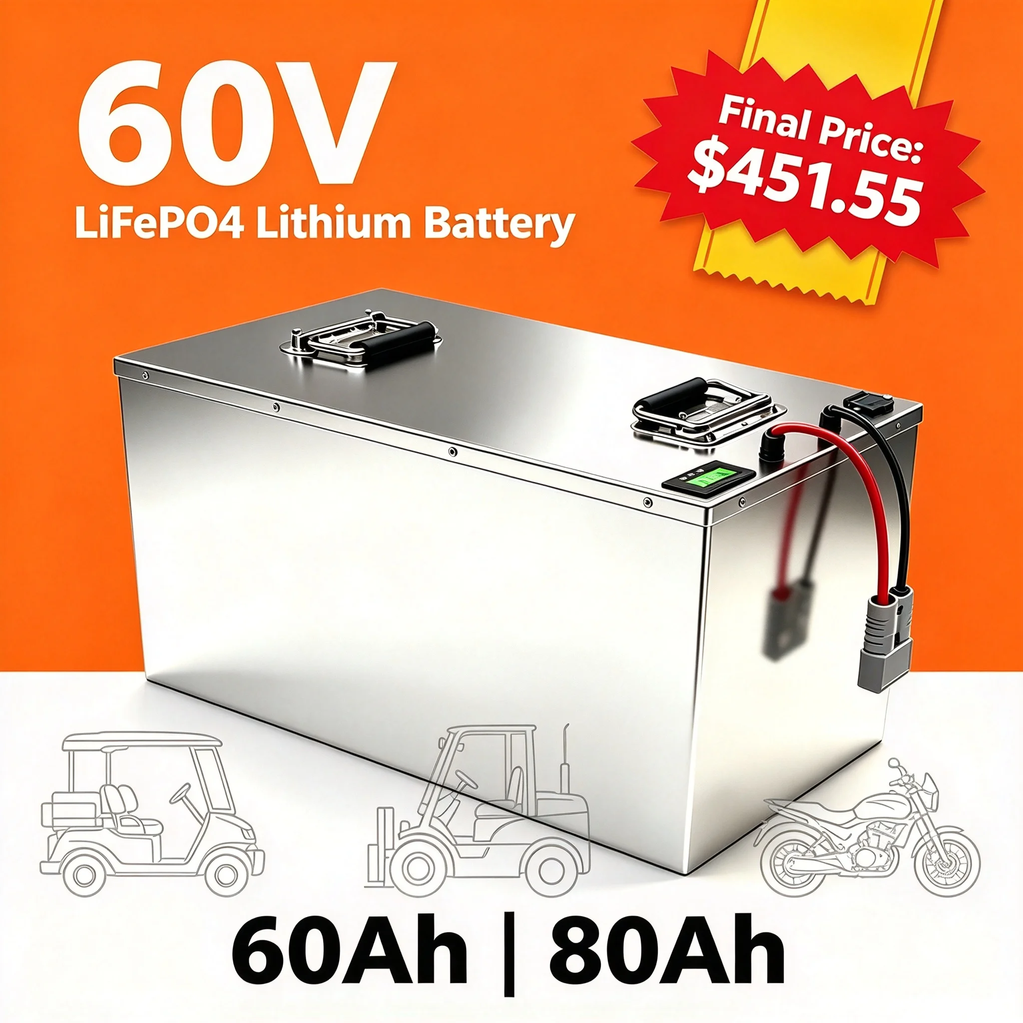 60V 80Ah LiFePO4 Battery | 6000W High Power Deep Cycle Battery for Golf Cart, Solar, Tricycle | Built-in BMS & Charger