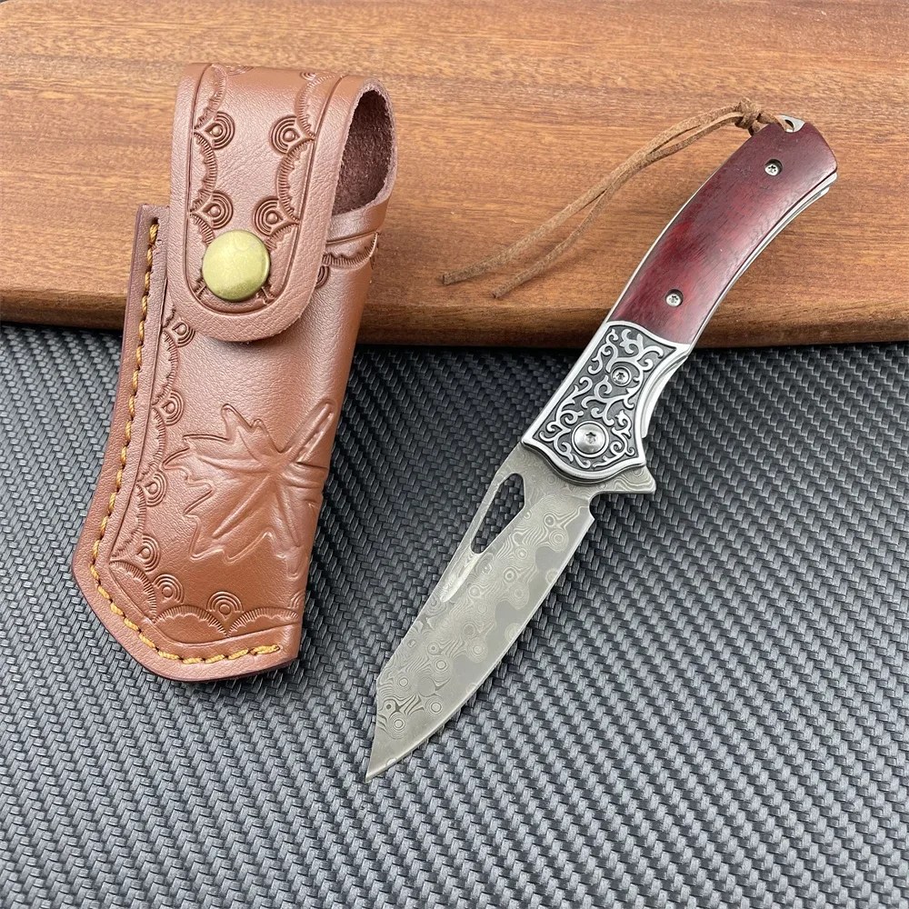 

New Damascus Folding Pocket Knife Wood Handle Outdoor Camping Collect Knives Tactical Survival Hunting EDC Tools Leather Sheath