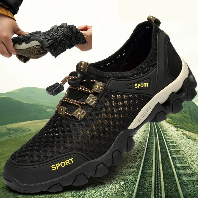 2024 męskie codzienne brodzące trampki moda letnia oddychające buty z siatką męskie antypoślizgowe piesze wycieczki wspinaczka Trekking Sneaker