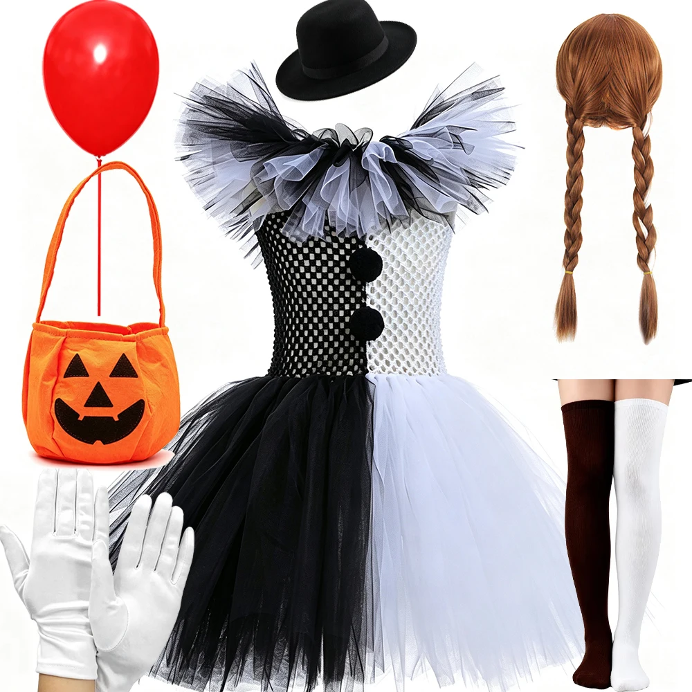 Mädchen Halloween Clown Kostüm Kleid Kinder Schwarz Weiß Gruseliger Clown Kleid mit Hut Socken Handschuhen Set Karneval Cosplay Party Outfit – Detail 9