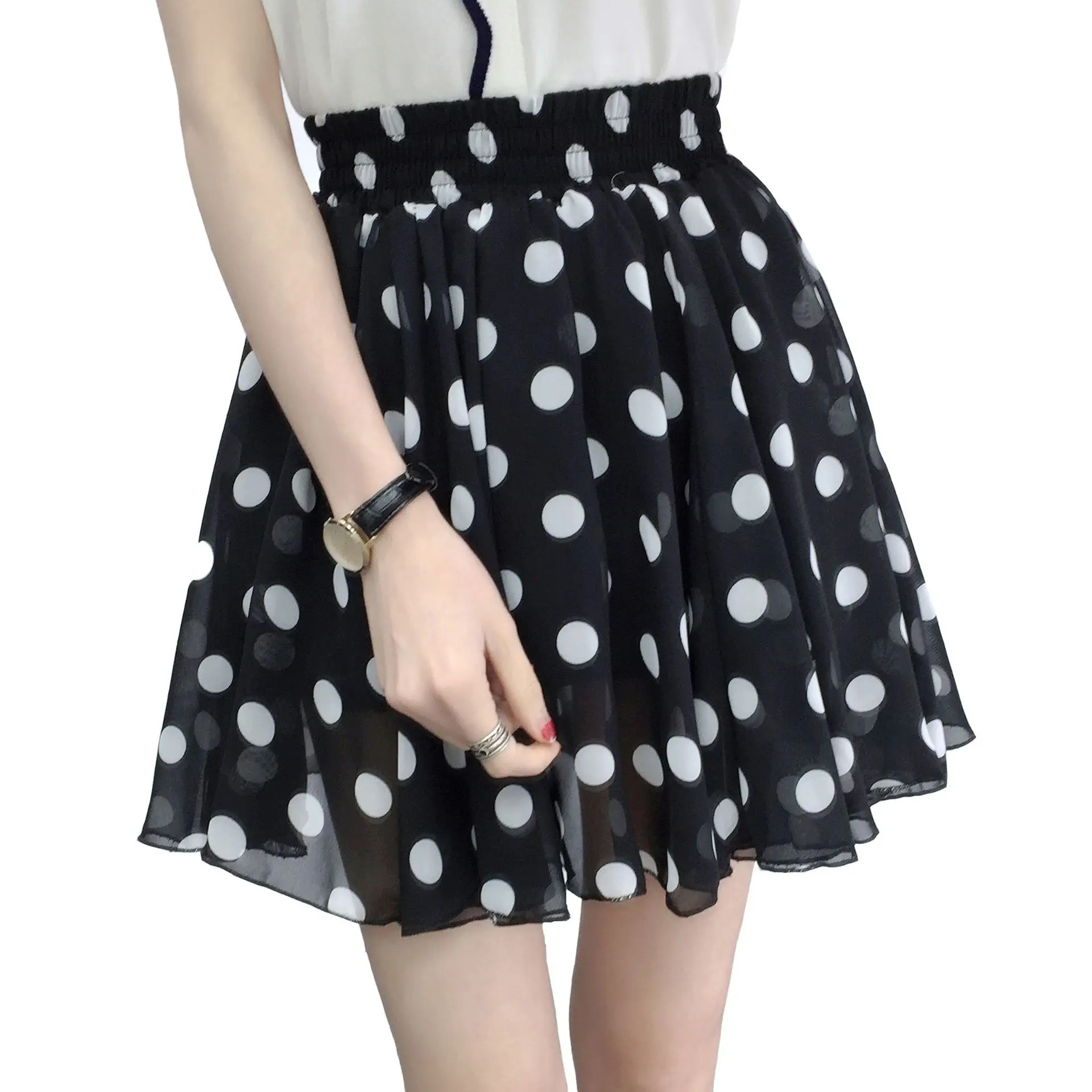 Small fresh floral polka dot pleated chiffon skirt women's spring and summer printed sweet high waist skirt A-line skirt pants