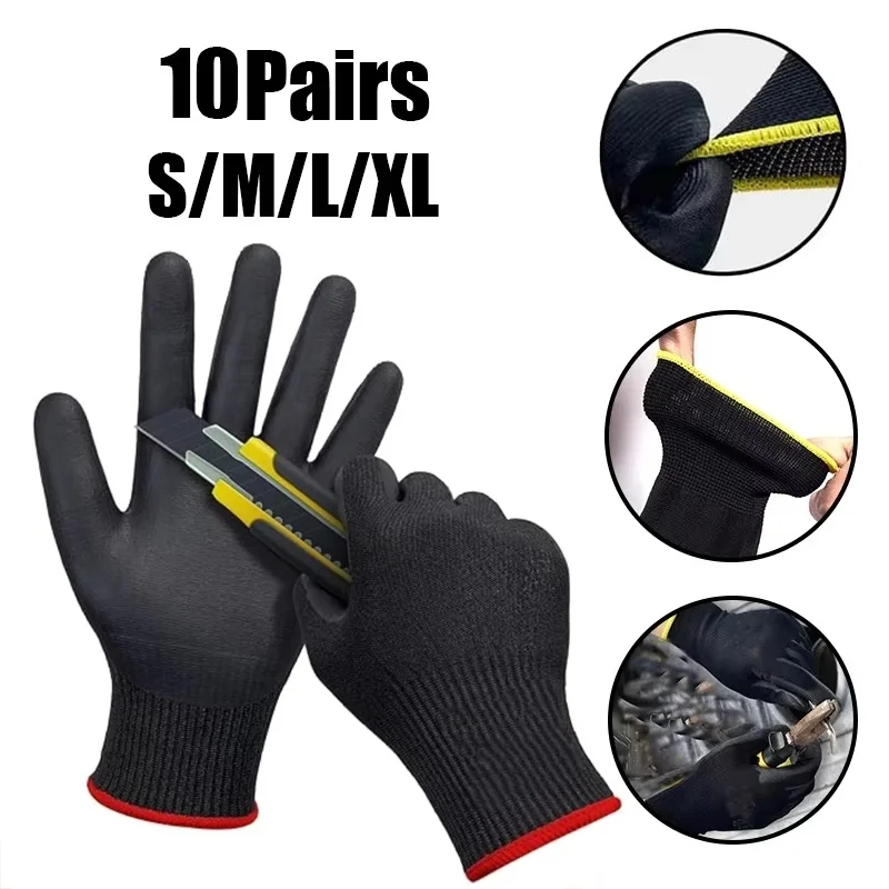 10Pcs Nylon PU Coated Gloves Breathable Anti-Slip Safety Gloves For Factory Machinery Gardening Woodworking Outdoor Work Gloves