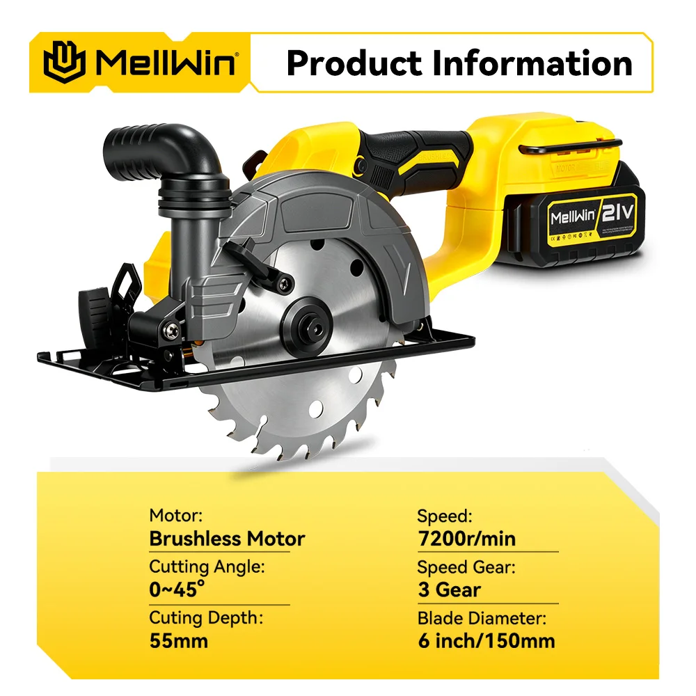 MELLWIN 6 Zoll bürstenlose Kreissäge 7200r Akku-Multifunktions-Elektrosägen Elektrowerkzeug für Makita 18 V Akku-Pin – Detail 3