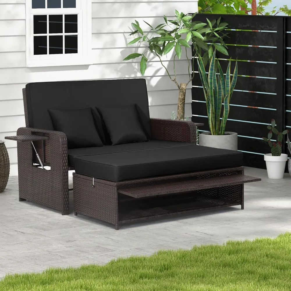 Patio Sofa Sunbed  Rattan Daybed Set Wicker Loveseat Sofa W/Multipurpose Ottoman & Retractable Side Tray Included  Outdoor Sofa