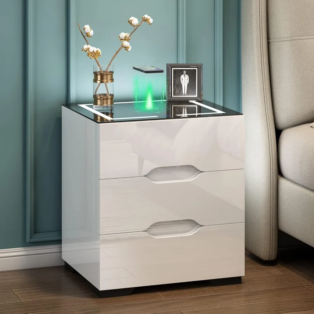 Nightstand with Wireless Charging Station & Adjustable LED Lights, High Gloss End Table with 3 Drawers, Nightstands