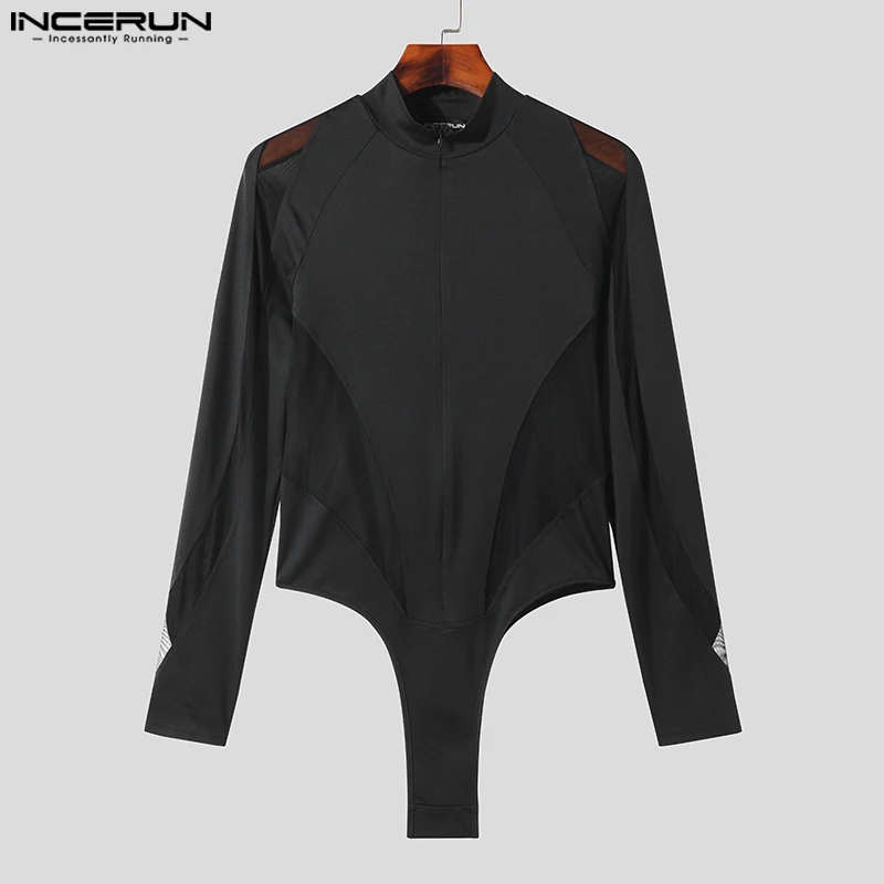 INCERUN Men Bodysuits Mesh Patchwork Transparent V Neck Zipper Long Sleeve Male Rompers Streetwear 2024 Fashion T Shirt Bodysuit