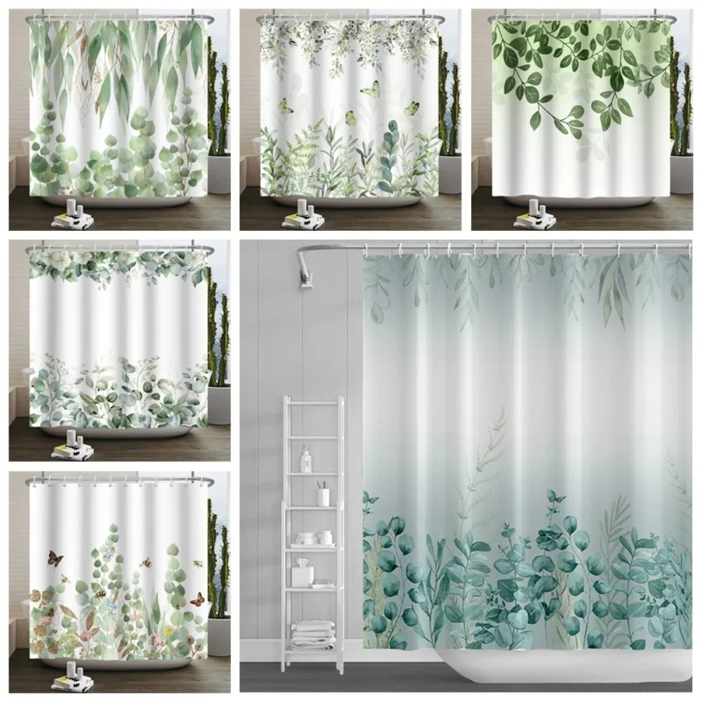

Green Eucalyptus Leaves Shower Curtains Watercolor Floral Waterproof Morden Bathroom Bathtub Curtain Room Decor with Hooks