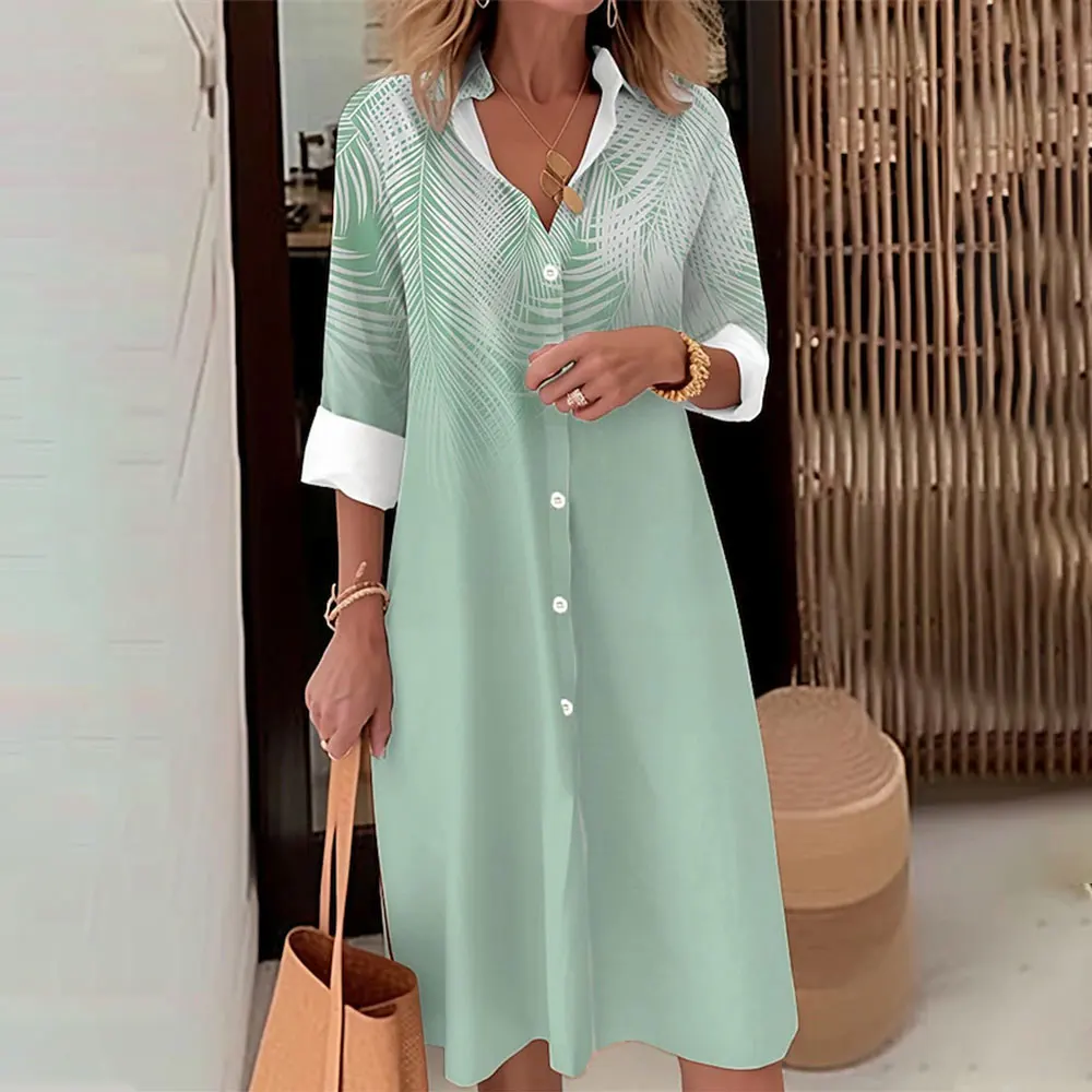 

Women's Mid-Length Single-Breasted Shirt Dresses Fashion Green Printed Button-Up Dress Summer Lapel Button Skirts Spring Autumn