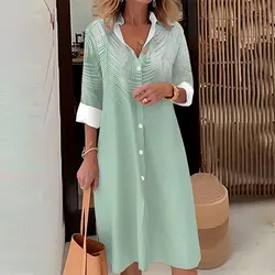 Women's Mid-Length Single-Breasted Shirt Dresses Fashion Green Printed Button-Up Dress Summer Lapel Button Skirts Spring Autumn