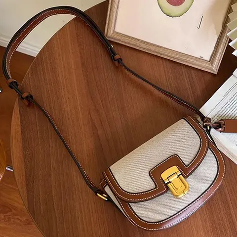 2025 नई कैनवास पैचवर्क पु छोटे वर्ग बैग महिलाओं के लिए, रेट्रो शुद्ध ब्राउन काठी बैग, विषम रंग एकल कंधे crossbody 12 best sales महिलाओं के साइड बैग - №6