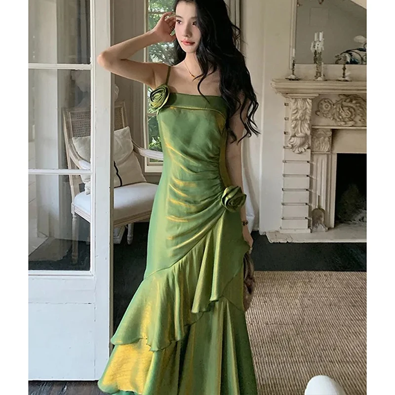 

Green Summer Backless Spaghetti Strap Dress Pleated Ruffle Hem Bodycon Midi Gown 3D Floral Mermaid Party Evening Vestidos