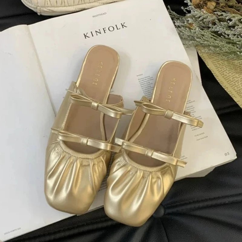 

Bow Flats Women Slippers Square Toe Sandals Woman Mules Shoes Brand Summer 2025 New Slingback Flip Flops Casual Shoes Slides