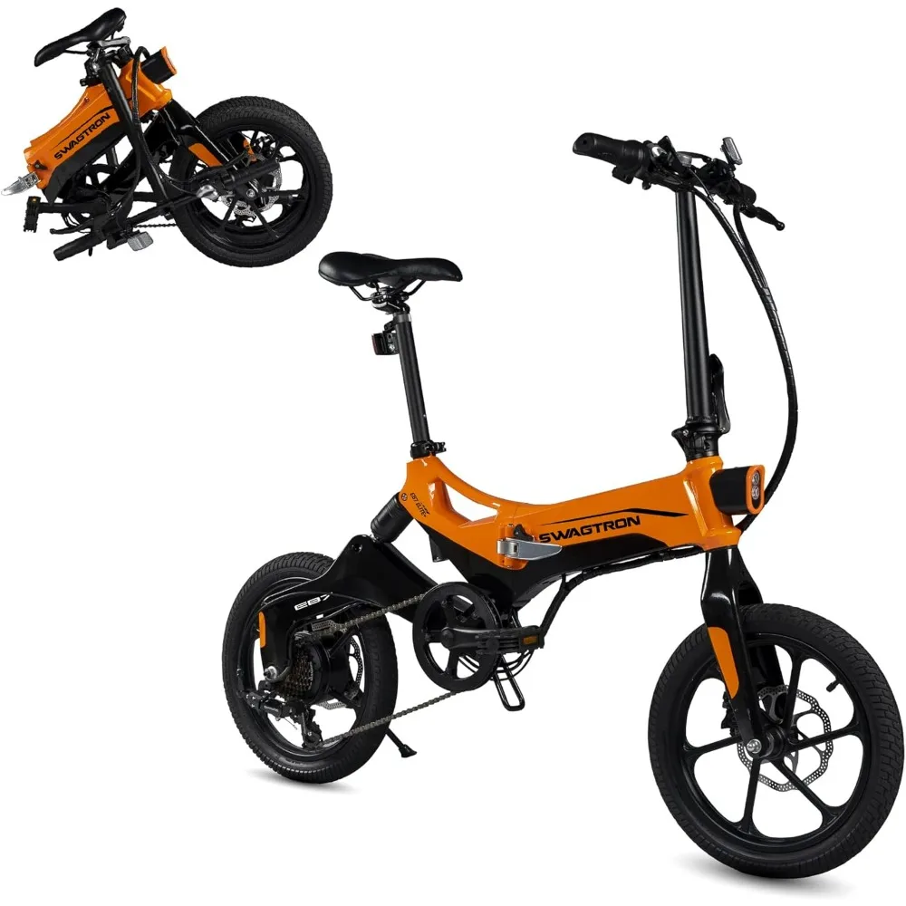 

Swagcycle EB-7 Elite Plus Folding Electric Bike with Removable Battery, Orange, 16" Wheels, 7-Speed