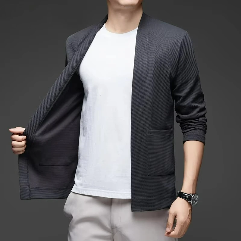Immagine 7: Nuova Giacca Mantellina a Maniche Lunghe da Uomo, Tinta Unita, in Maglia, Comoda e alla Moda, Versatile per Tutte le Stagioni