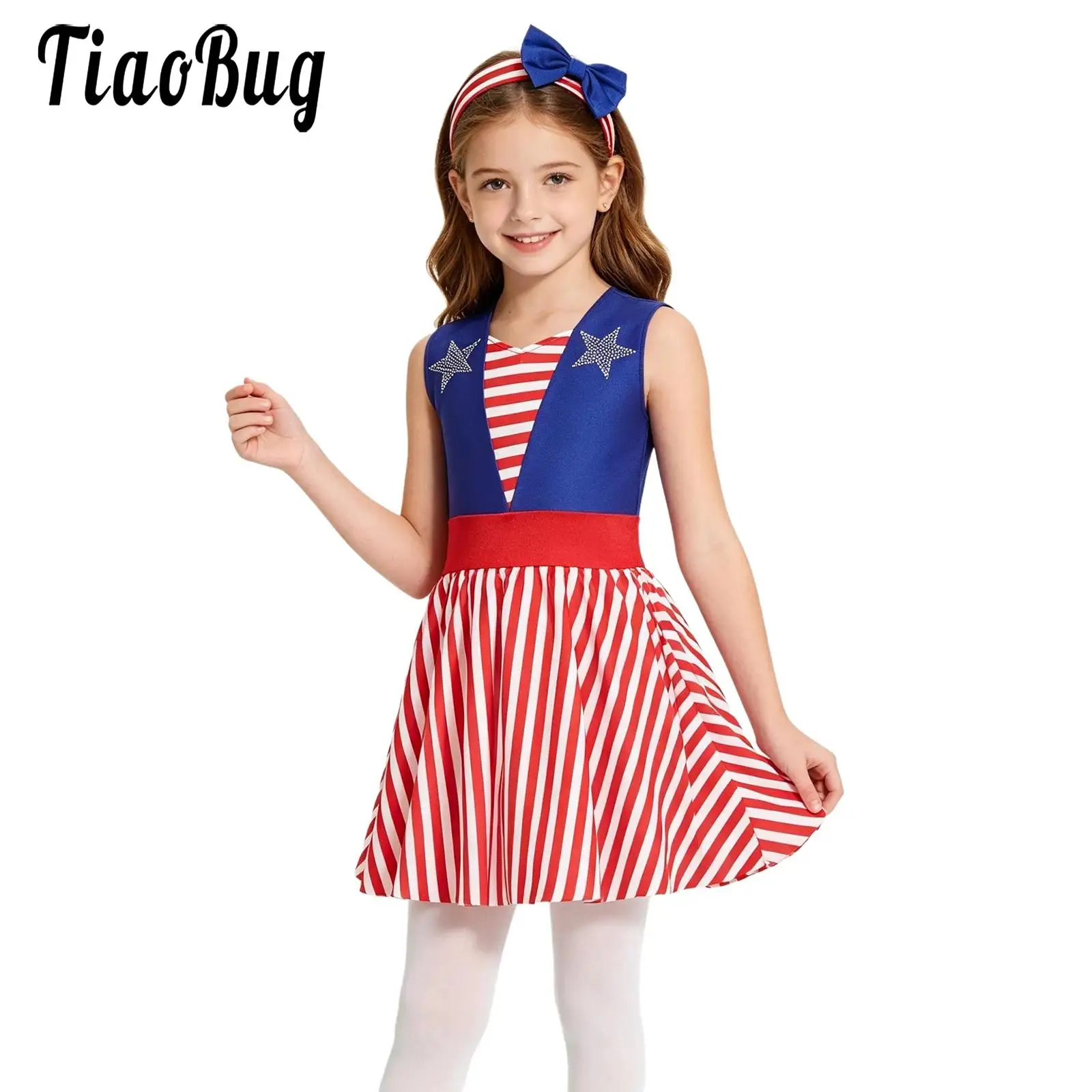 Kids Girls July 4th Independence Day Costume Tutu Dress Stars Striped Leotard Dress with Bow Headband for Halloween Themed Party