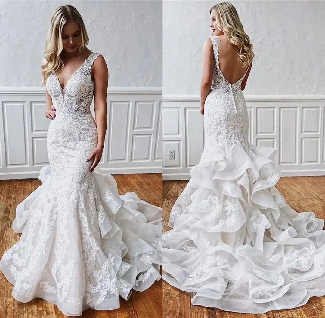 

MisShow Customized Lace Mermaid Wedding Dresses 2025 V Neck Backless Ruffled Train Elegant Gowns for Brides
