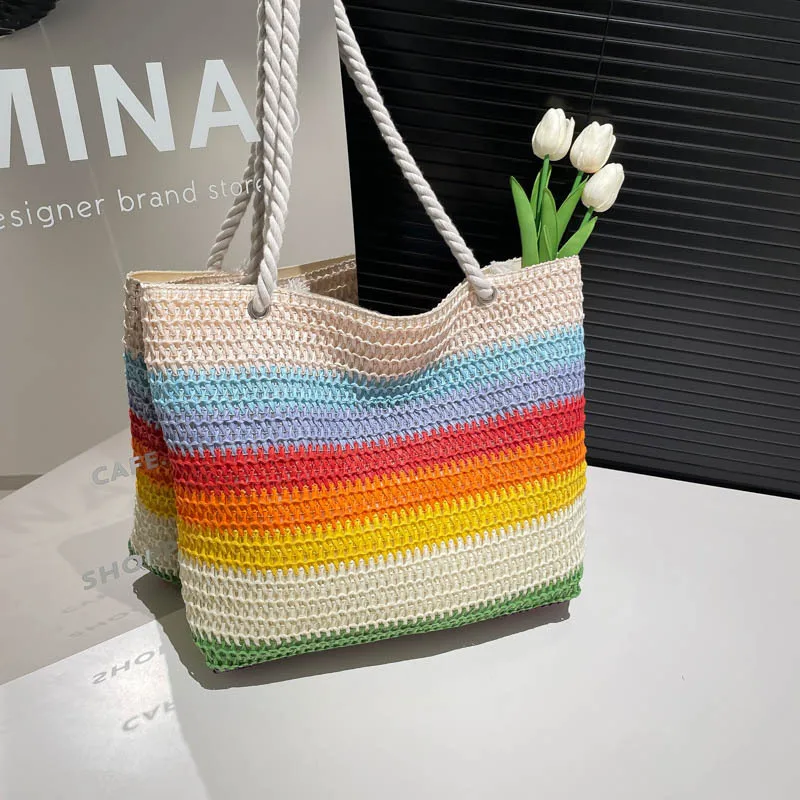 

2025 New Fashionable Shoulder Bag for Women, Rainbow Striped Contrasting Grass Woven Bag, Large Capacity Beach Vacation Bags