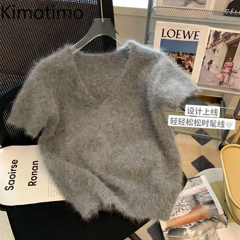 Kimotimo-suéter de felpa gris con cuello de pico para Mujer, Jersey de punto corto ajustado Vintage, suéter informal de manga corta para primavera y verano