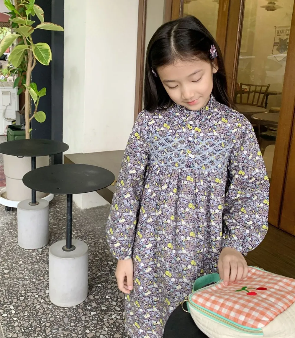 casual girl dress baby girls clothes kids dresses cotton Hand embroidered vintage printed long sleeved dress