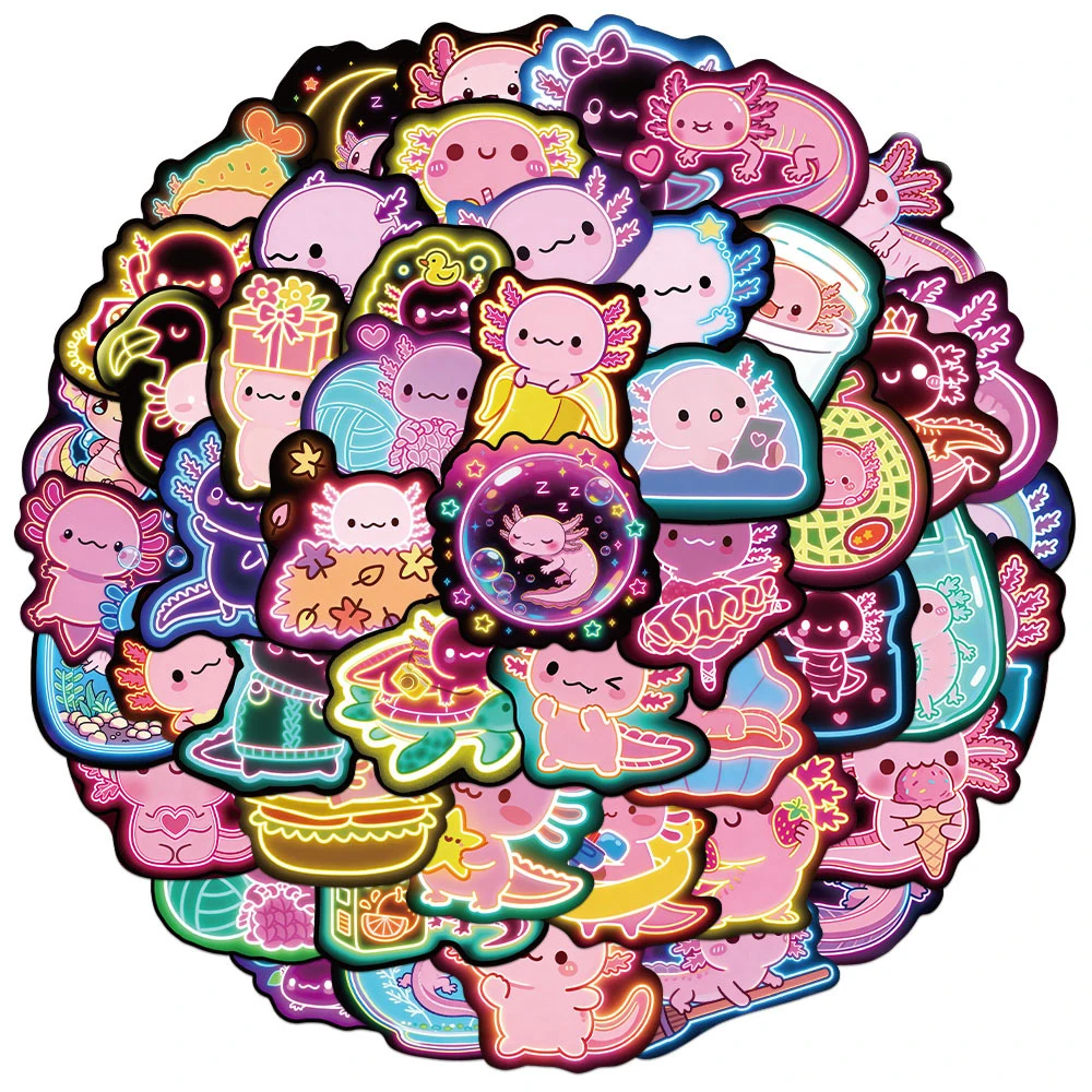 10/30/50pcs Cute Animal Axolotl Graffiti Stickers Neon Light Style Decals Phone Stationery Laptop Waterproof Sticker Fun for Toy
