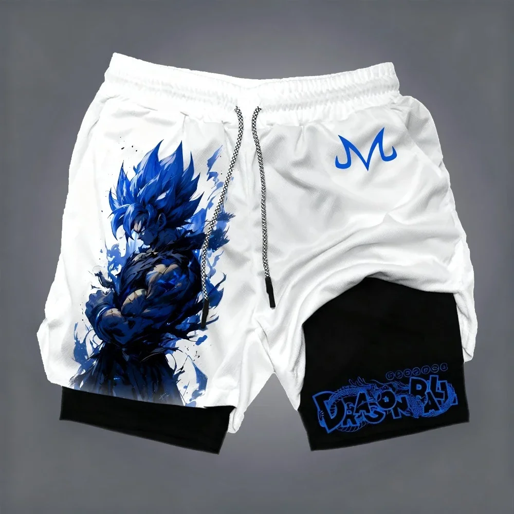 Spodenki Dragon Ball Anime Goku z nadrukiem, dwuwarstwowe - luźne i oddychające spodnie dla amerykańskich sportowców na lato
