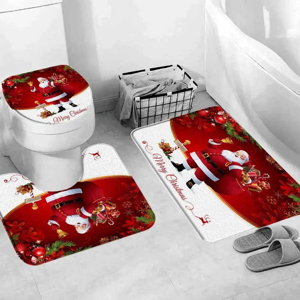 Merry Christmas Bathroom Rug Set Santa\'s Gift Green Pine Bells Happy New Year Bath Mat Toilet Mat Bathroom Rug Set