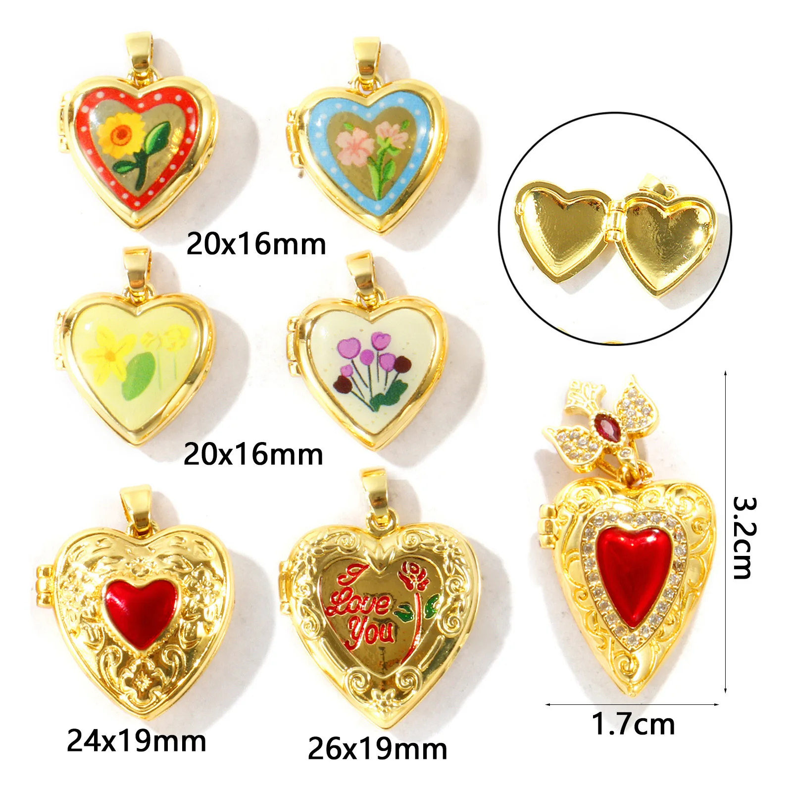 1 Stück Messing Valentinstag Bild-Foto-Medaillon-Anhänger Herz Blume 18K Vergoldet Öffnbar Charms DIY Halskette Großhandel – Detail 1