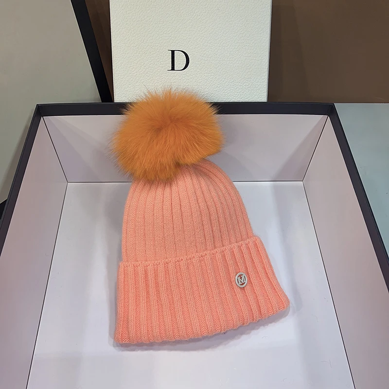 Feal fox fur Pom Pom Women Hat Rabbit Fur Knit Winter Hat Beanies Hat Letter M Fashion Warm Wool Ski Real PomPom Hat