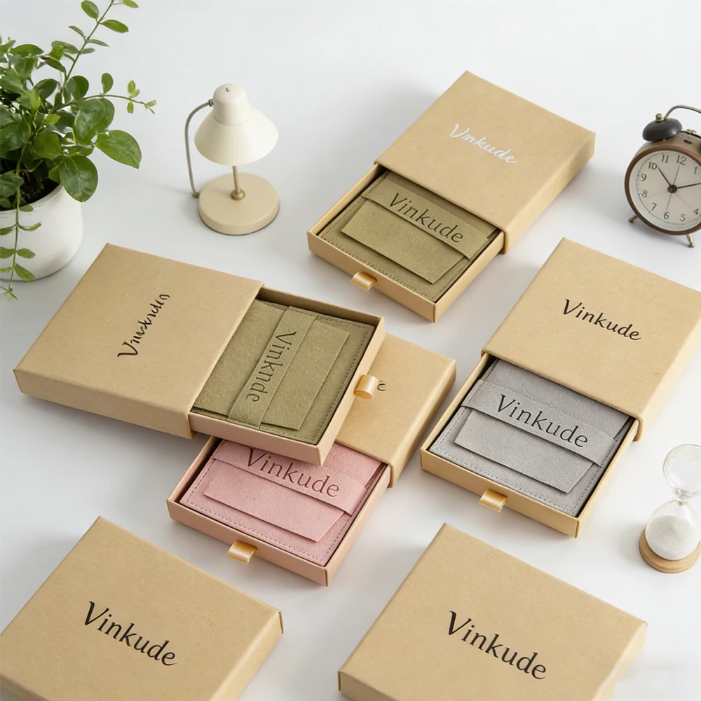 

Custom Logo Paper Sliding Jewelry Box 8x8x2.5cm Drawer Cardboard Earrings Boxes With Microfiber Suede Pouch Dust Gift Bag Pouch