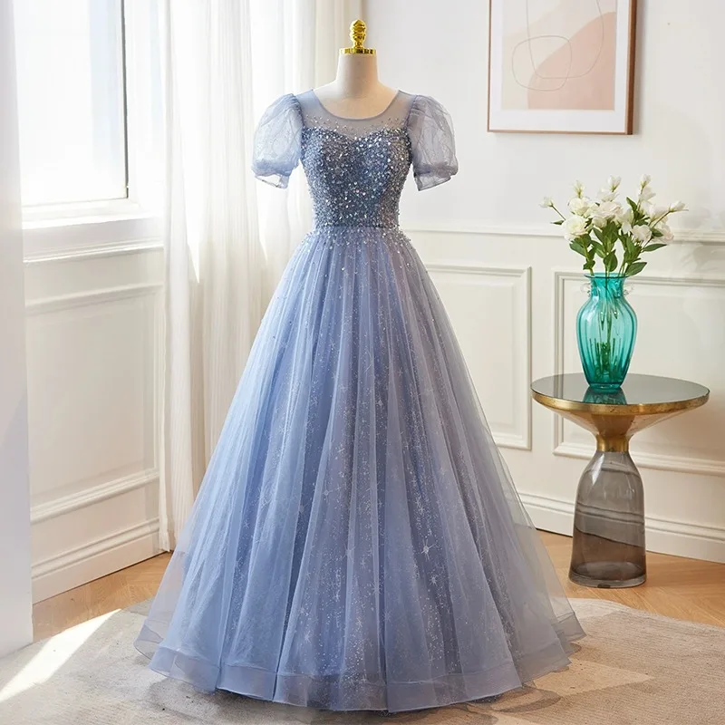 

2026 Spring New Mesh Blue Slimming Texture Long Bridesmaid Evening Dress Fashion Banquet Host Annual Meeting Grand Dress