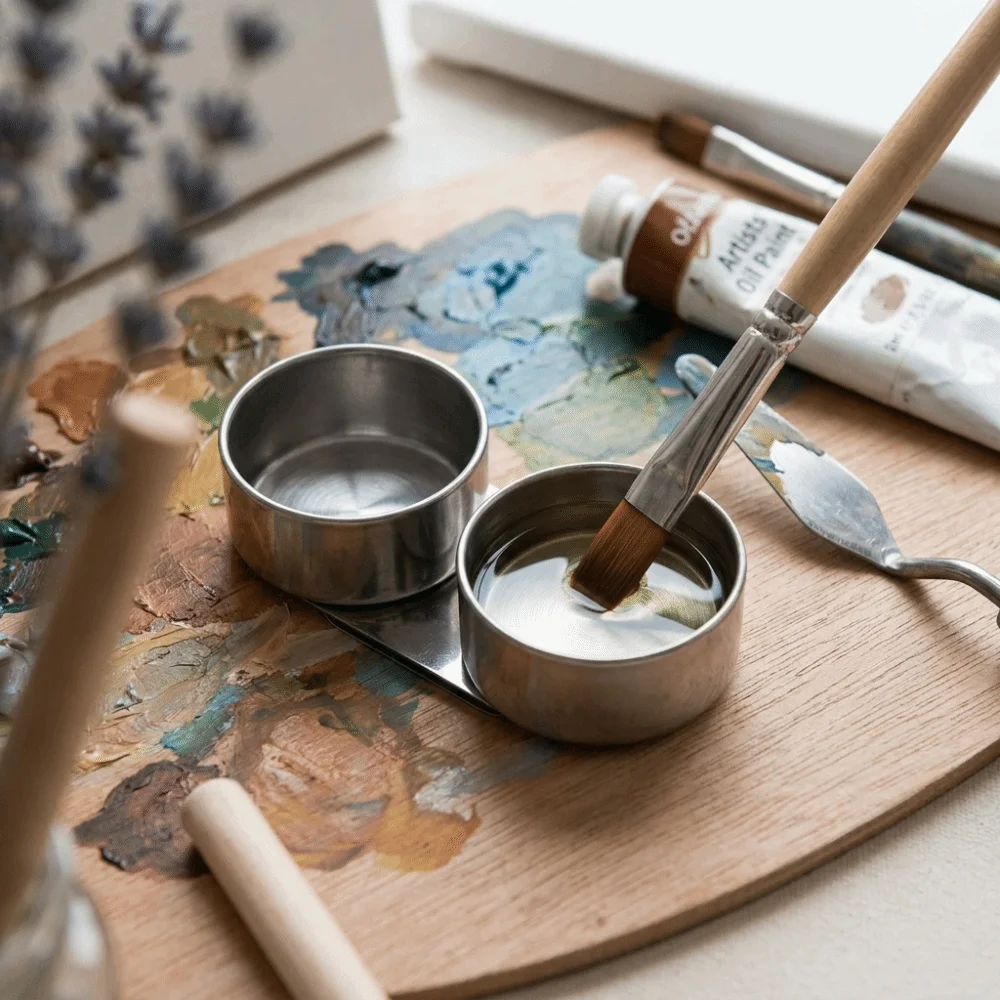 Metal Oil Painting Pot Lidded Drum Shaped Double Chamber Oil Kettle Double Hole Silver Painting Medium Cup Art Studio Use