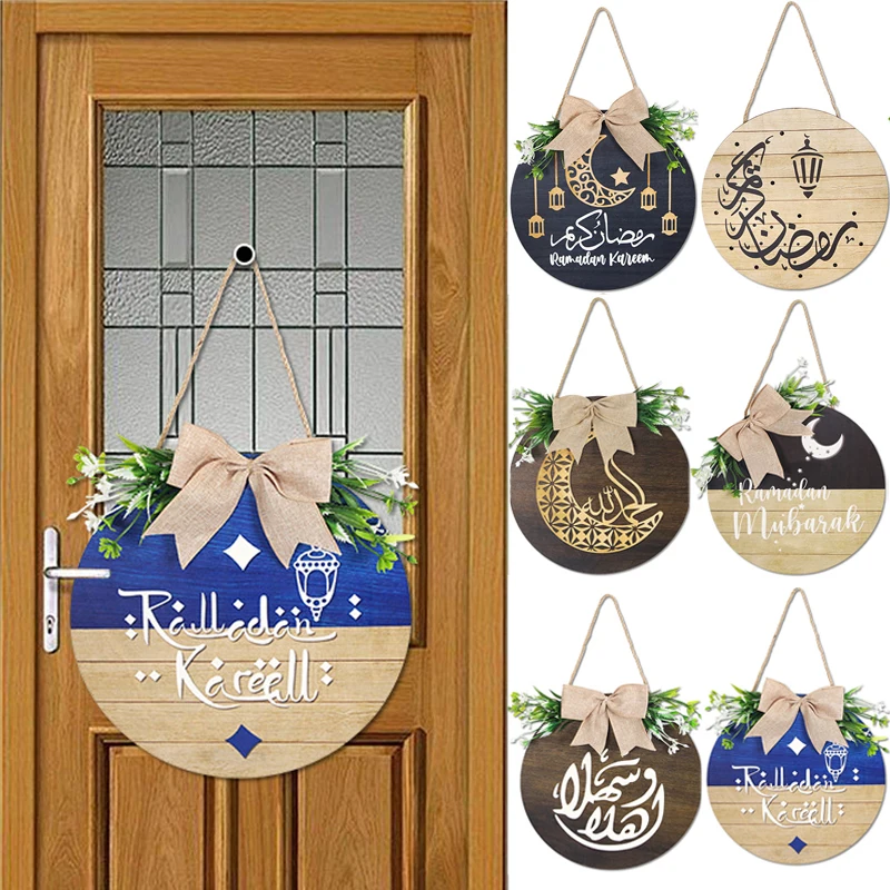 

Ramadan Kareem Wreath Wooden Hanging Door Sign Round Islam Eid Mubarak Welcome Door Wall decor Ornament Muslim Party Supplies