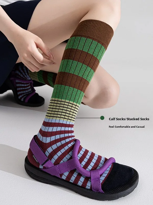  Stripe High Tube Socks Women's Retro Dopaamine Micro Pressure Leg Shaping Trendy Cumbersome Toe Warmers Autumn Winter