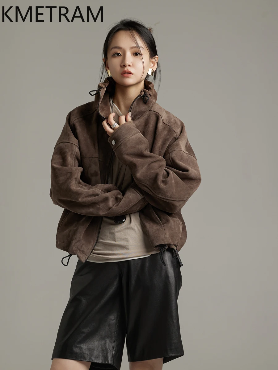 KMETRAM 100% Natural Sheepskin Reverse Suede Genuine Leather Jacket Old Money Aesthetic Short Women Clothing 2025 Autumn пальто
