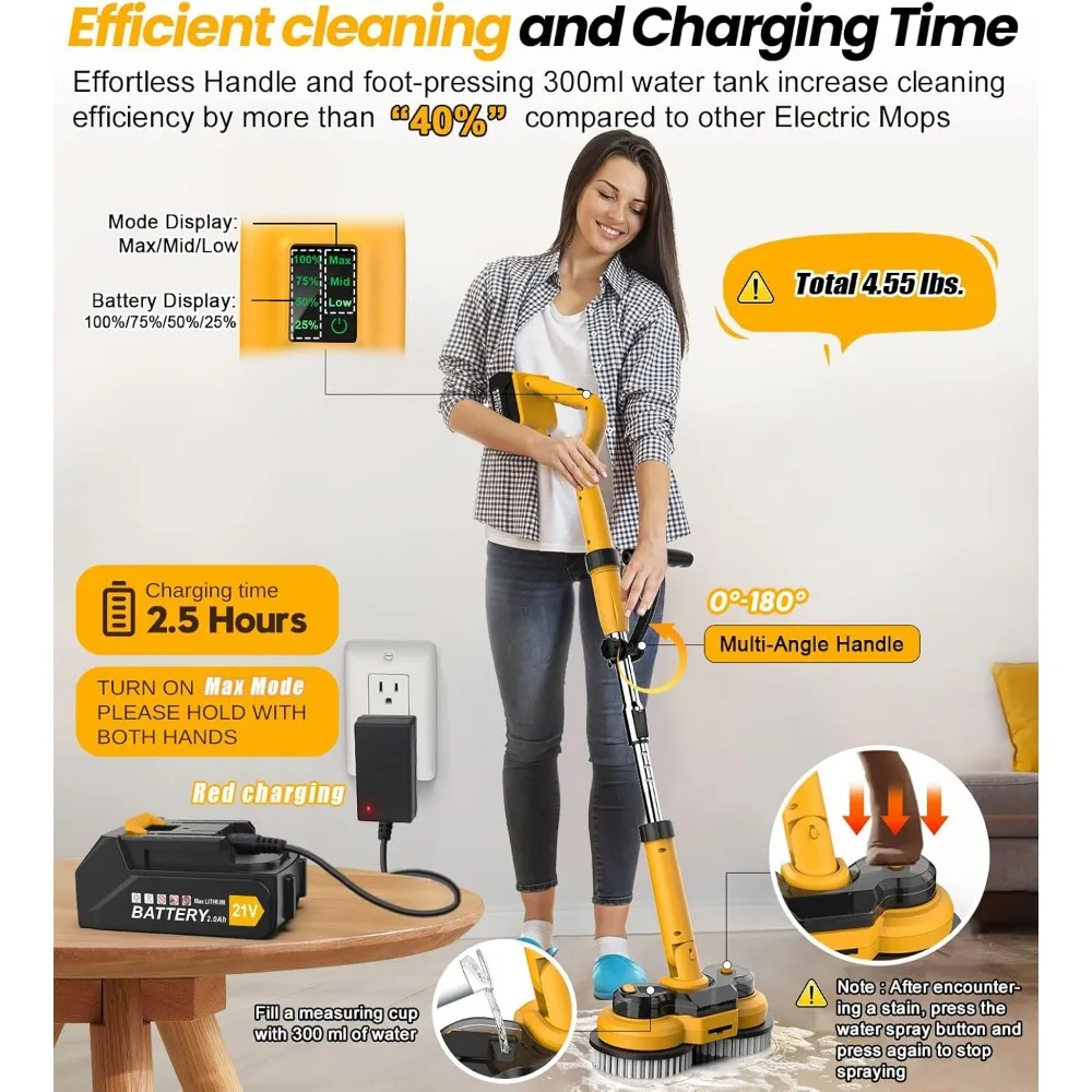 6000mAh Battery Electric Mop M1, 800RPM Cordless Electric Power Scrubber & Mops for Floor Cleaning, Best Automatic Spin Mops