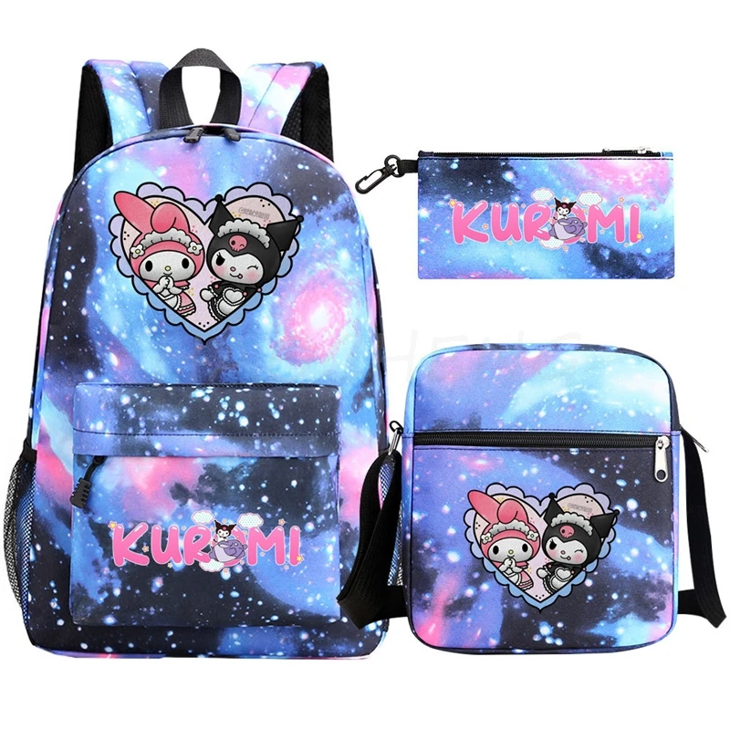 Mochilas Lovely Kuromi Melody 3 Pcs Set Backpack Hot Pencil Case Shoulder Bag Anime 3D Bookbag Bagpack School Bag New Gift