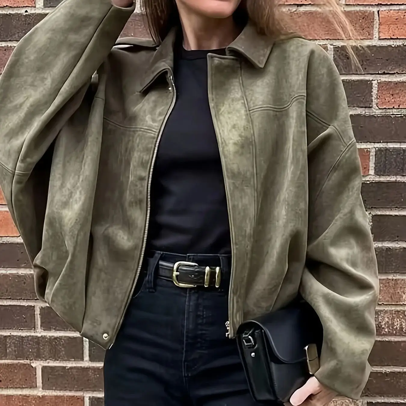 

Military Green Zipper Collar Jacket Loose Fit Casual Style Fashionable Ladies Coat Stylish And Attractive Outerwear