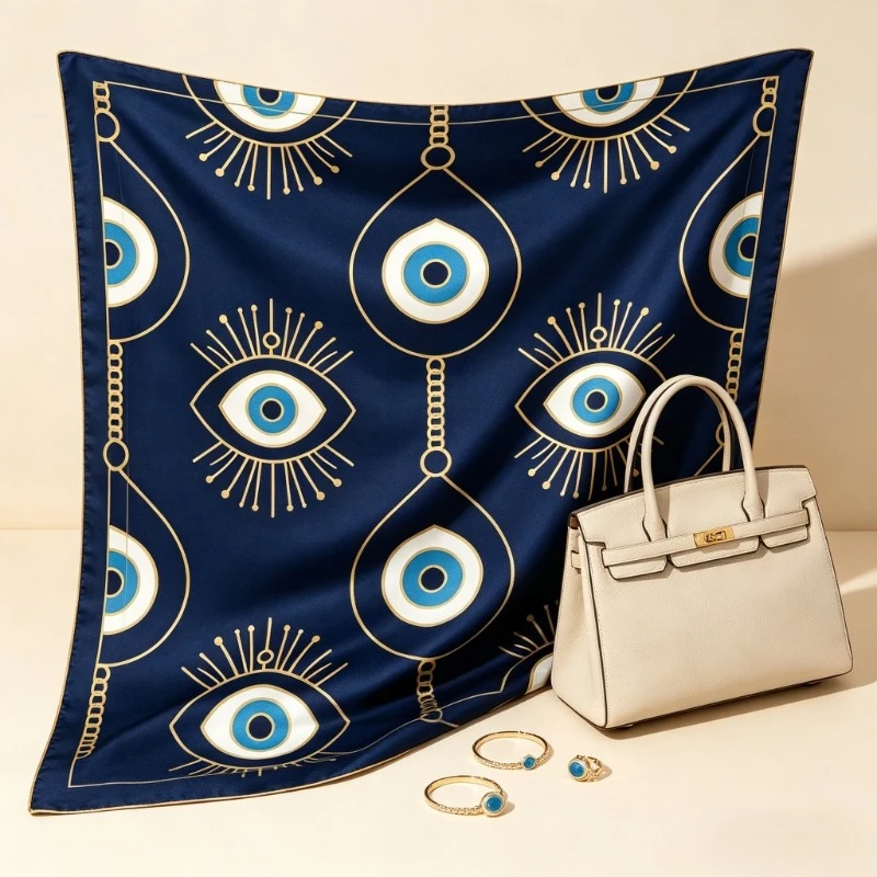 90x90CMGreek Devil's Eye Large Square Scarf Women's Versatile Shawl Hairband Blue Gold Contrast Color Niche Design Light Luxury